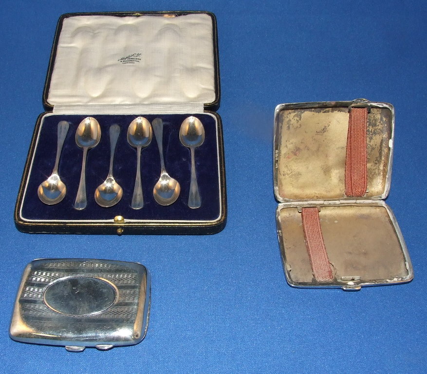 Two silver cigarette cases, other assorted silver and silver plated items (qty)