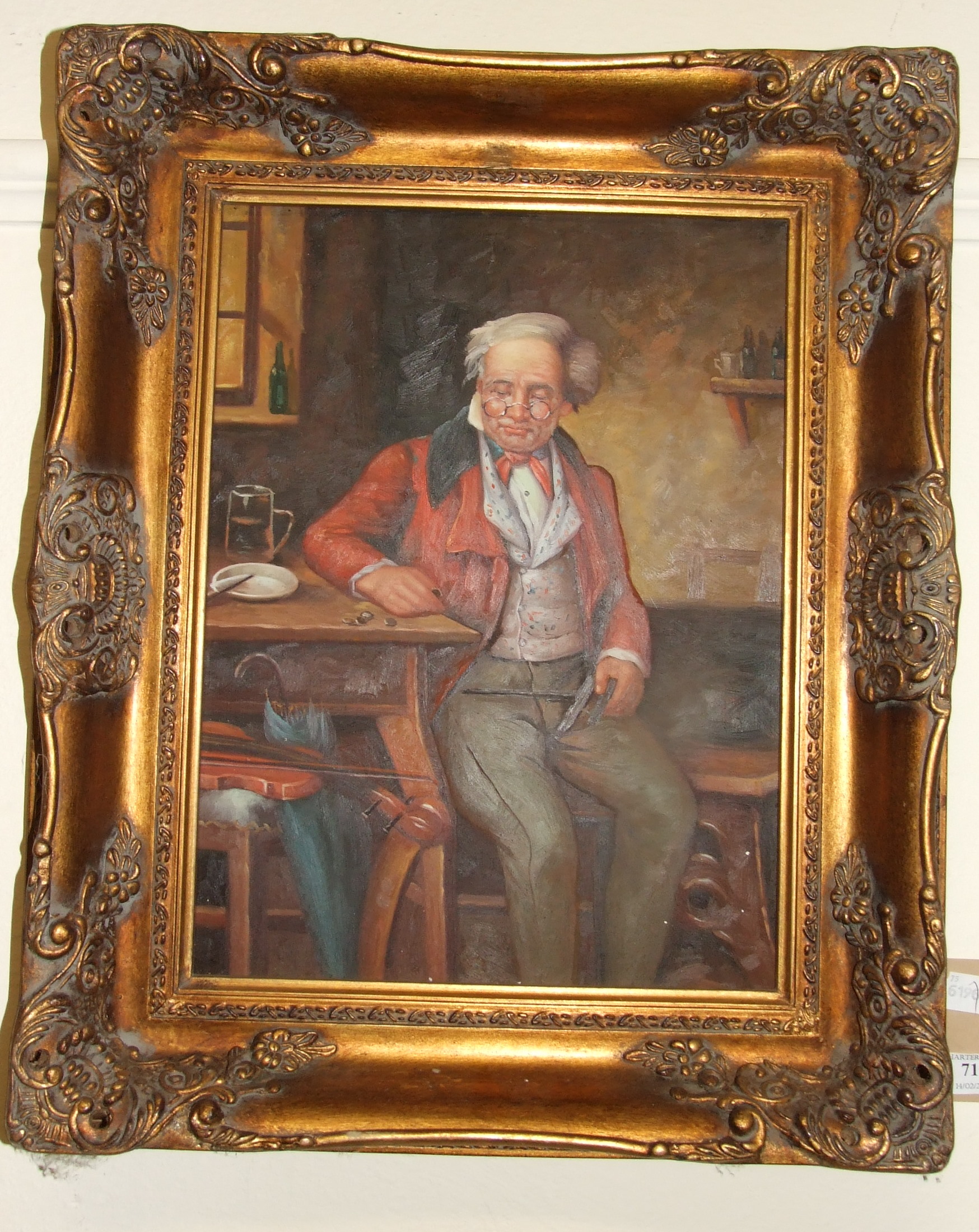 A painting of a musician in an interior, 39 x 29 cm