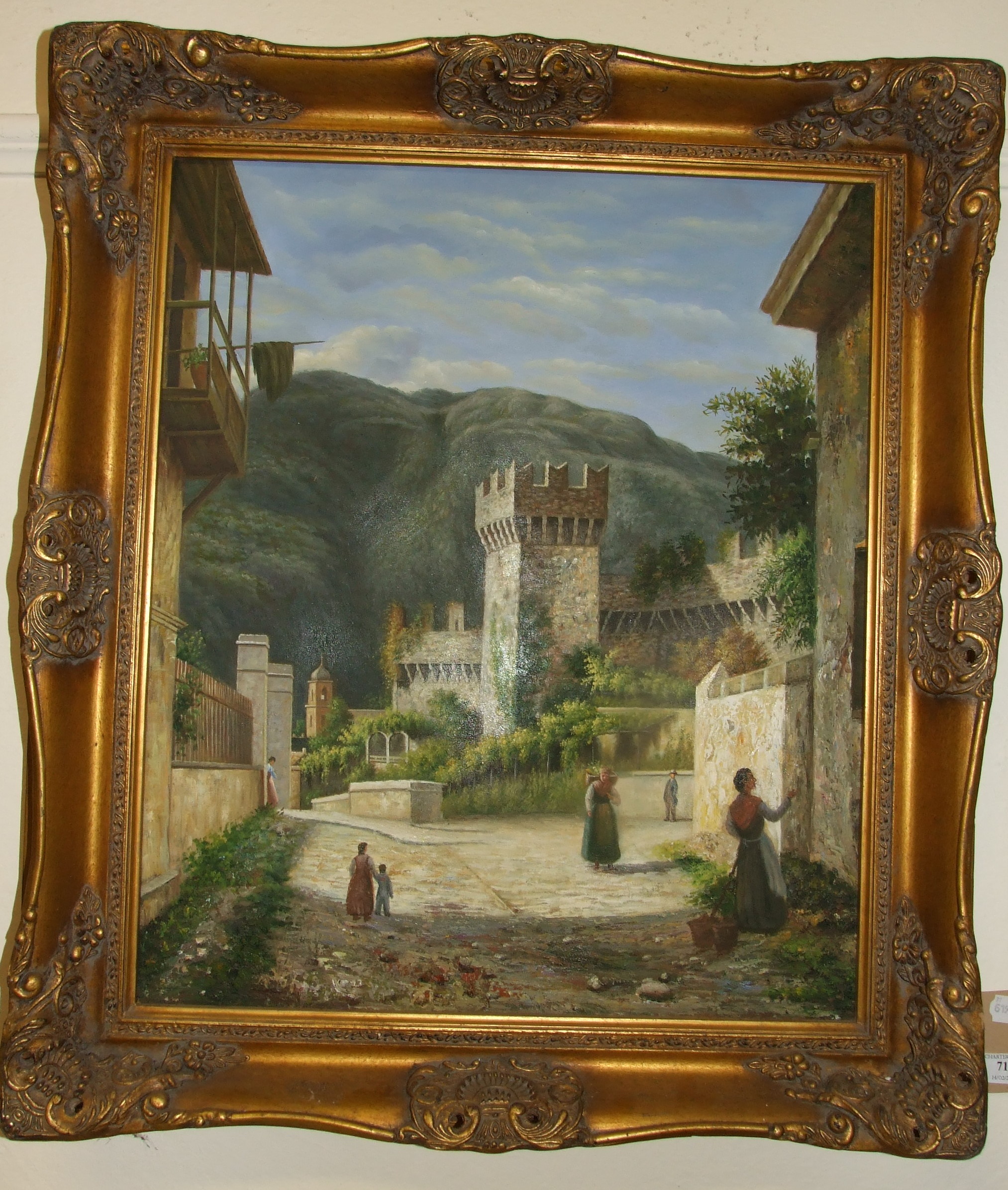 A picture of figures near a castellated city wall, 60 x 50 cm