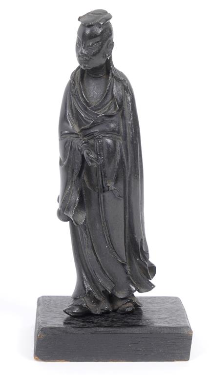 A Chinese bronze figure, of a sage, 17 cm high, on a wooden base  See illustration Condition