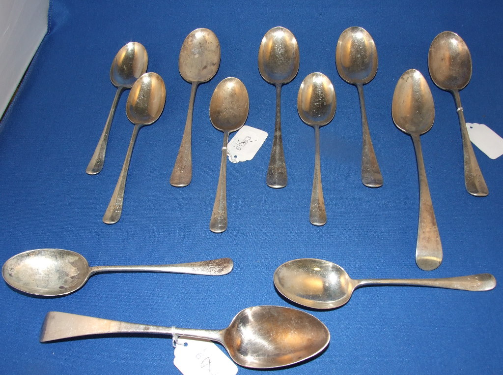 A set of four silver Hanoverian or rat-tail pattern tablespoons, with six matching dessertspoons,