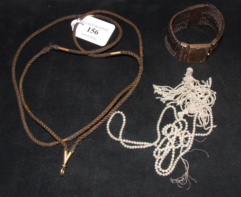 A hair plait bracelet, a hair plait necklace and assorted pearls