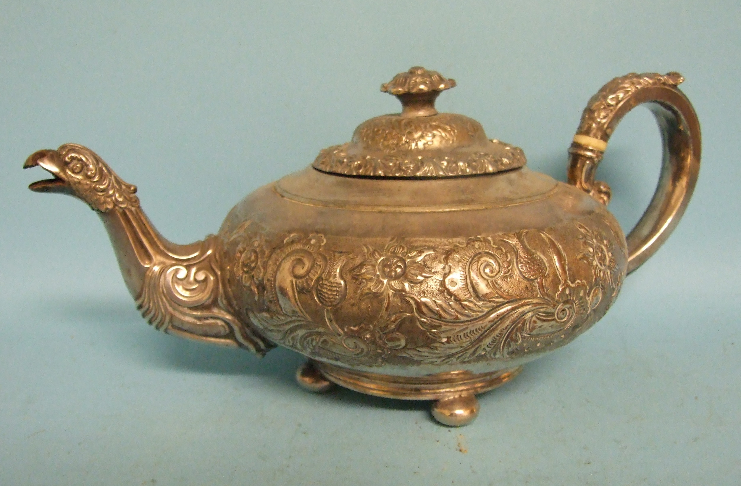 A silver plated three piece tea service, and a similar coffee pot (4) Condition report Report by JB