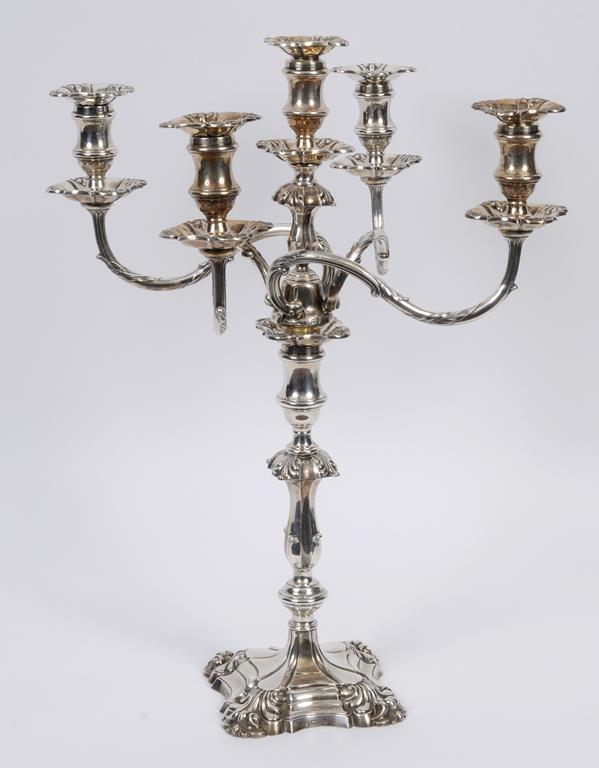 A large Edwardian silver candelabrum, with acanthus leaf and palmette decoration, Goldsmiths &