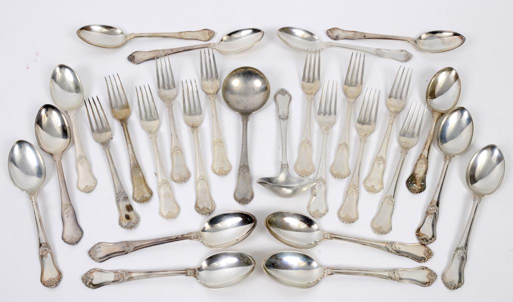 A Danish silver coloured metal part table service, comprising twelve table forks, 14 tablespoons,