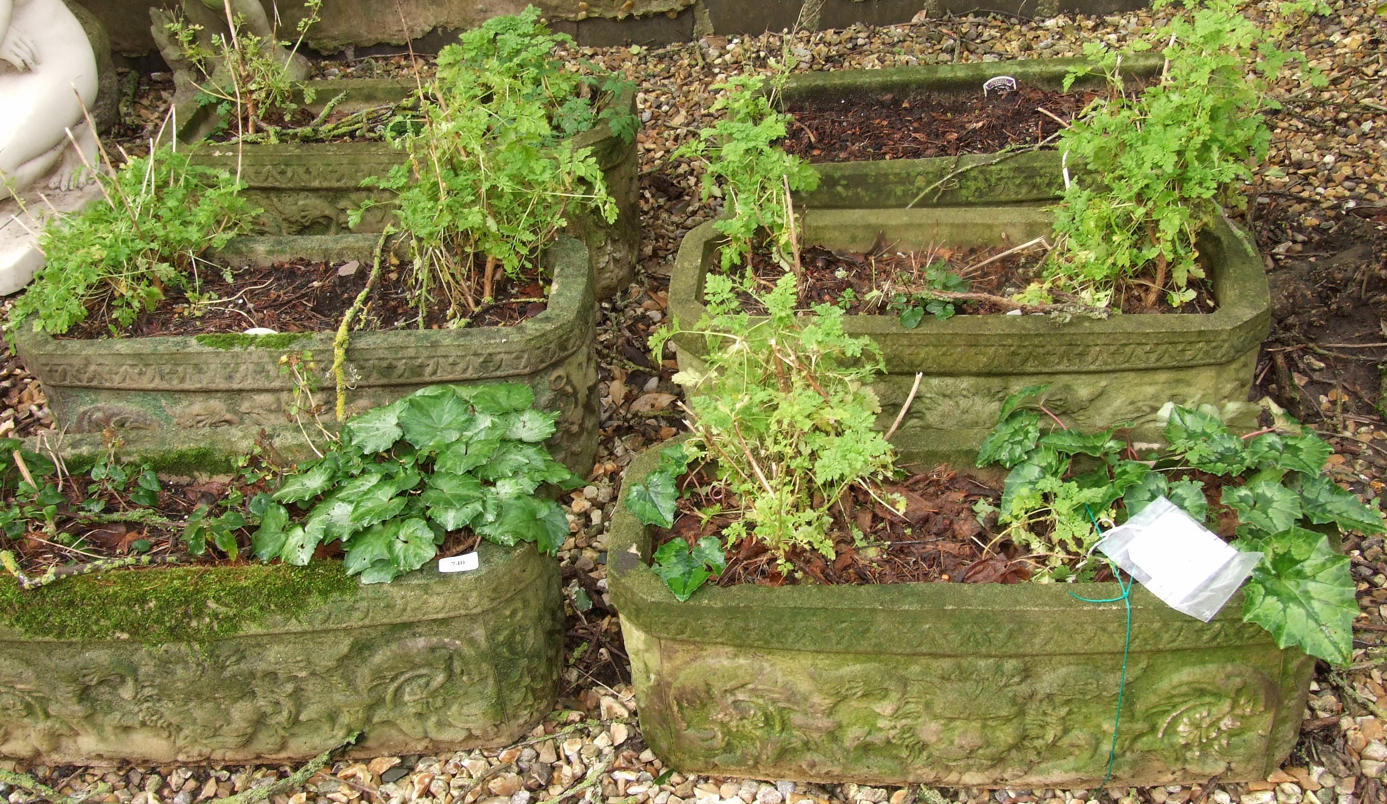 A matched set of six reconstituted stone garden troughs, each approx. 70 cm wide (6)