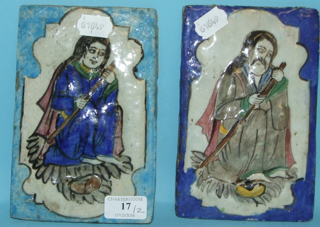 An Islamic relief tile, decorated a shepherd, and another, decorated a shepherdess (2)