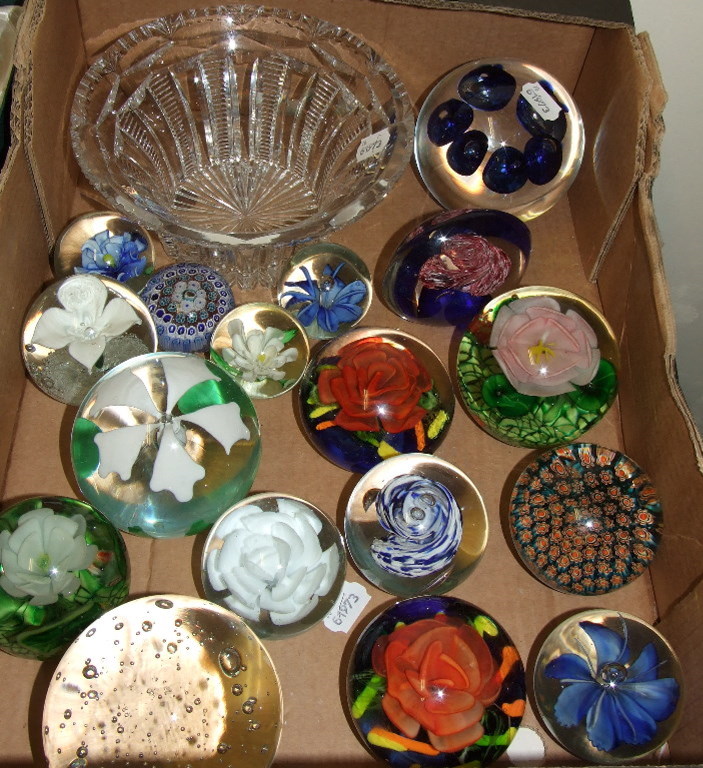 A floral glass paperweight, other similar paperweights and a glass bowl (box)