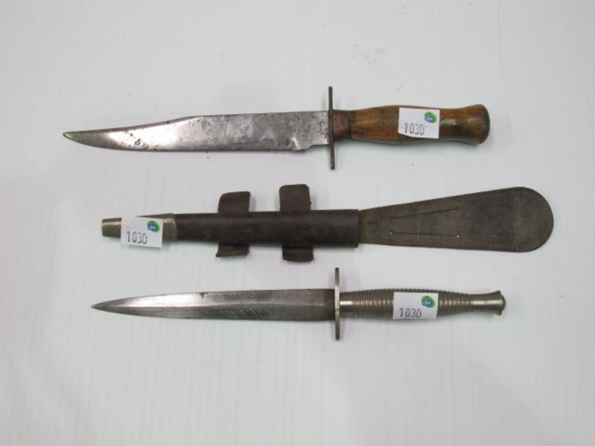 Two Dagger style Knives, one with Metal Tipped Scabbard. Length of blade and metal handle is 29. - Image 2 of 2