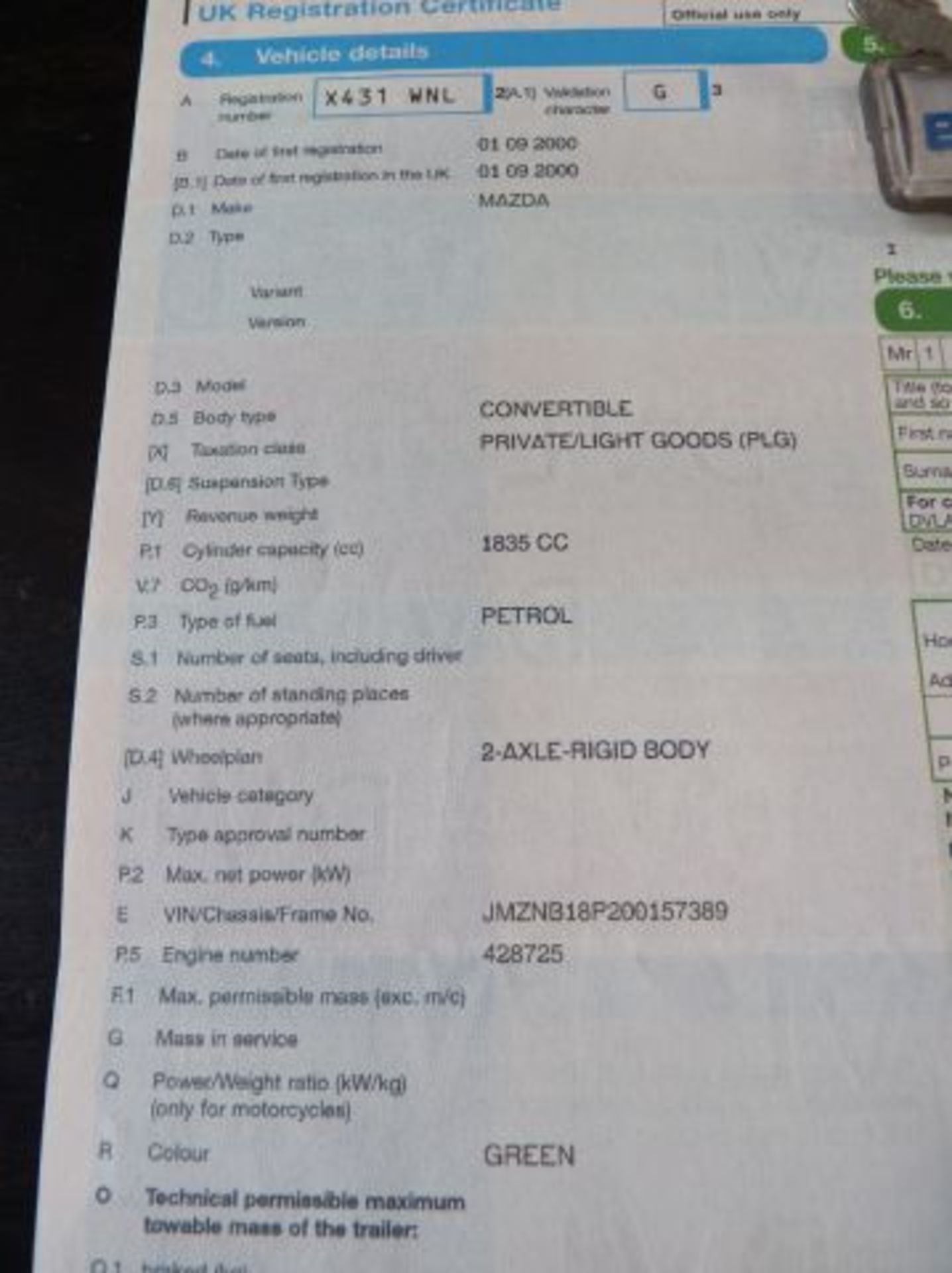 X PLATE MAZDA MX5 SOFT-TOP CONVERTIBLE; 1.8 PETROL; 107163 RECORDED MILES; REG X431 WNL; TAX - Image 6 of 7