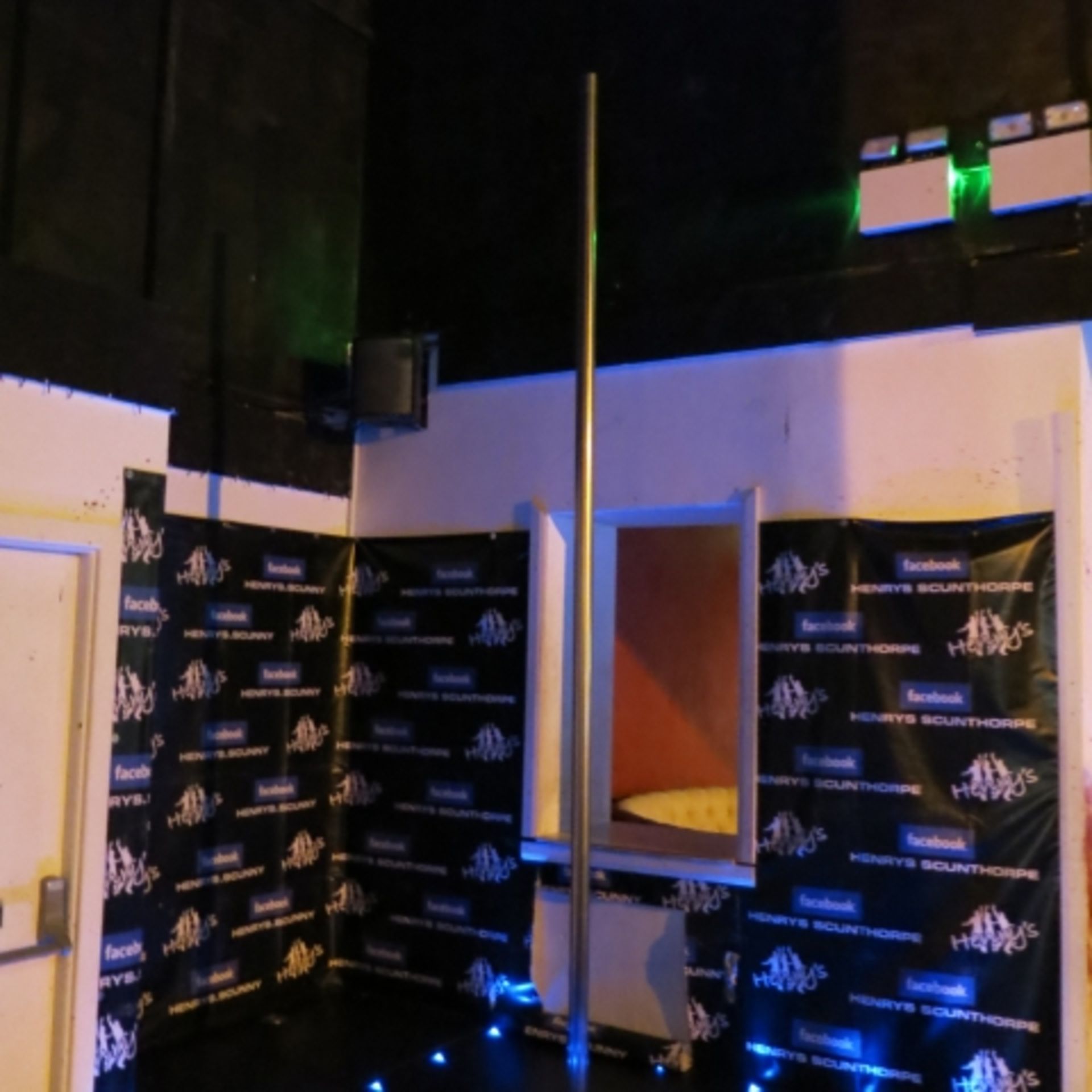 Stand Alone Pole Dancing Unit on an MDF/Checker Plated Stand c/w Blue Edge Lighting.  Buyer to