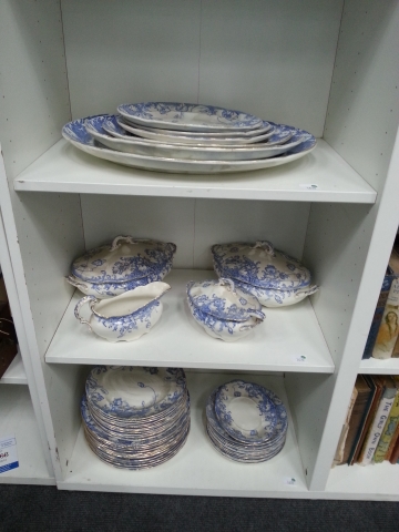 "Click here to bid.  Grimwades `Poppy` pattern blue & white Dinner Service of six Meat Plates,