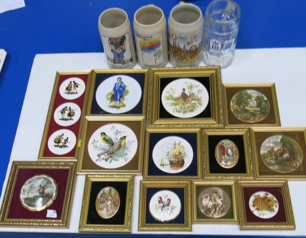 "Click here to bid.  4 x Commemorative German Beer Tankards and a quantity of framed Porcelain by