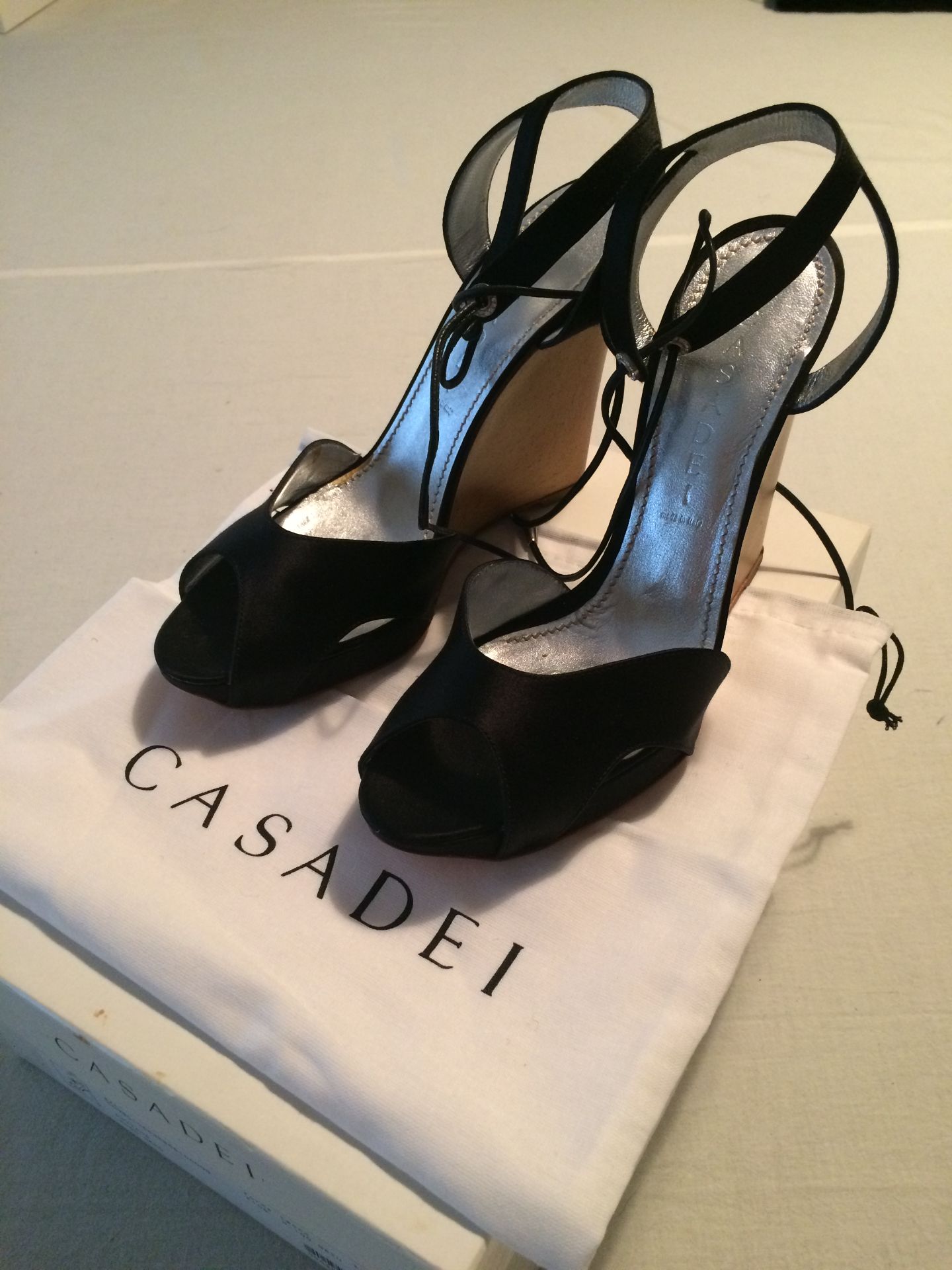 CASADEI BLACK SATIN WEDGE EVENING SHOES