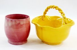 Wemyss yellow glazed pottery bowl with rope-twist handle, Wemyss pink glazed small vase. (2)