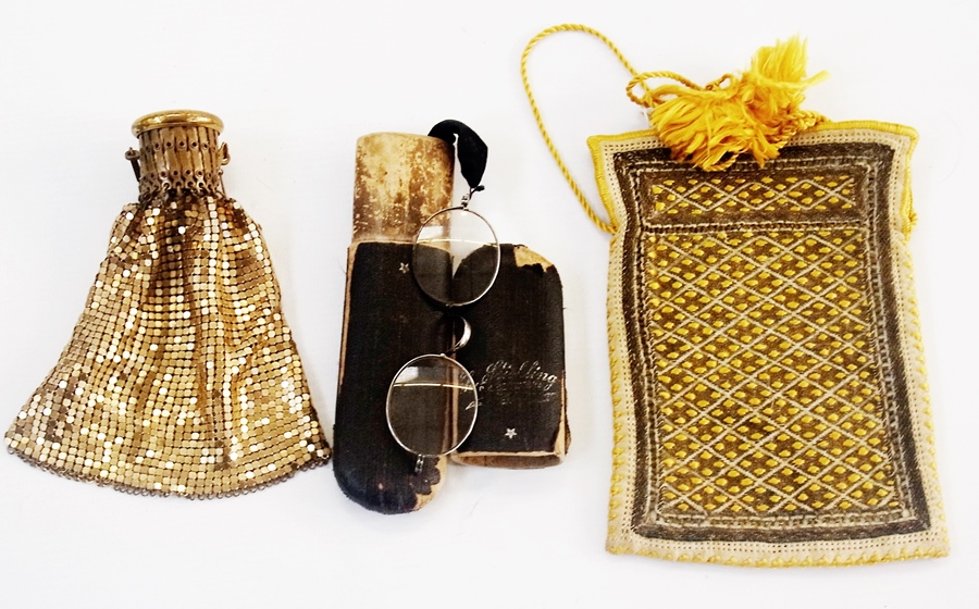 A gold-coloured metal miser's purse, some reading spectacles in case and an Eastern embroidered
