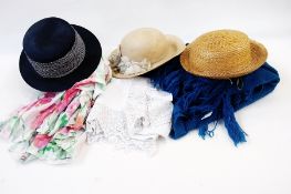 A vintage straw school hat, two other vintage hats, various scarves, a blue elasticated leather