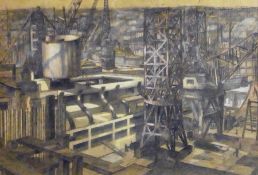 Pastel and ink drawing
Thomas Symington Halliday 
Boat yard scene with industrial townscape in the