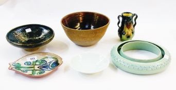 Studio stoneware bowl,  DAJ monogram, Studio pottery fish dish, and four other items (6)