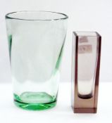 A Swedish square glass vase, 17cm high and a green glass vase, circular and tapering, 21cm high