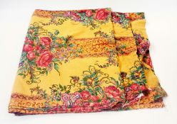 WITHDRAWN  A pair of curtains, yellow ground with bright floral decoration and a European scene