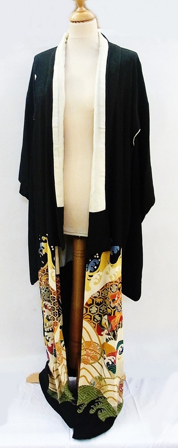 A Japanese printed black kimono