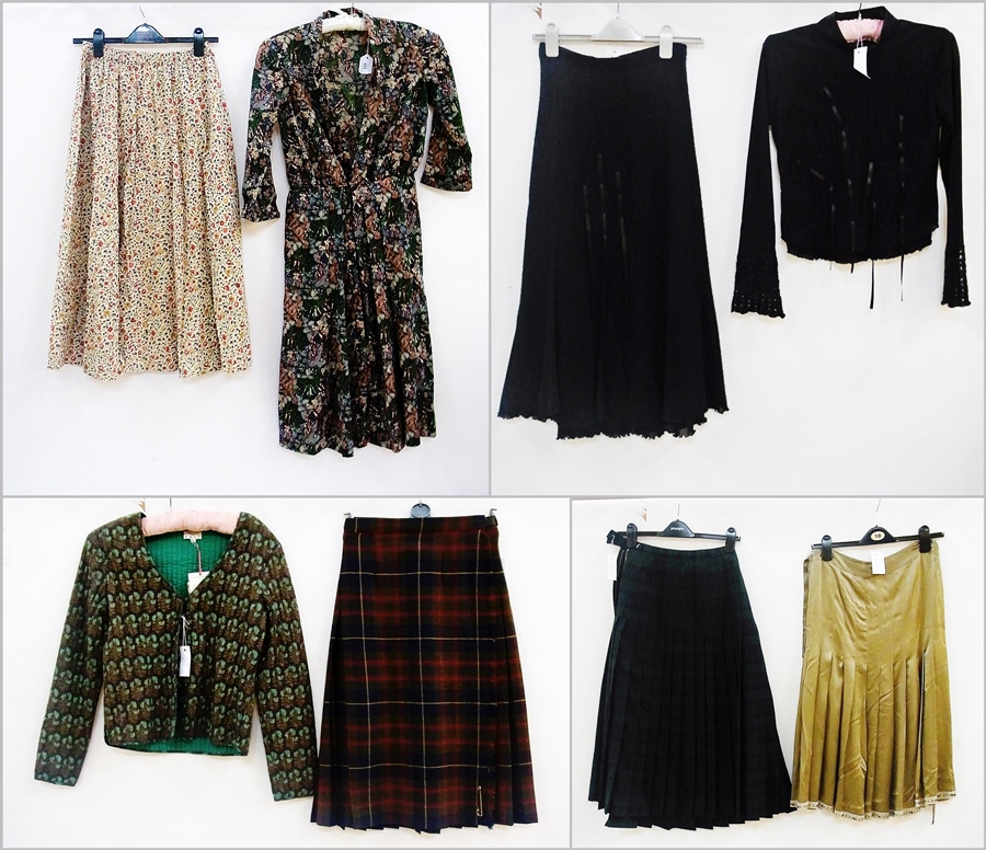 Two kilts, a satin skirt, a dress printed with Liberty-style material, a black wool and chiffon