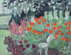 Oil on board
Lilian Delevoryas 
"Gloucestershire Poppies", garden scene with lupins, poppies and