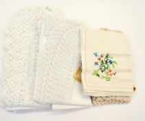 A quantity crocheted edge table and tray cloths, embroidered tablecloths, guest towels and other