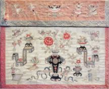 A Chinese silk embroidered altar cloth, top panel with pink ground, the lower panel with cream