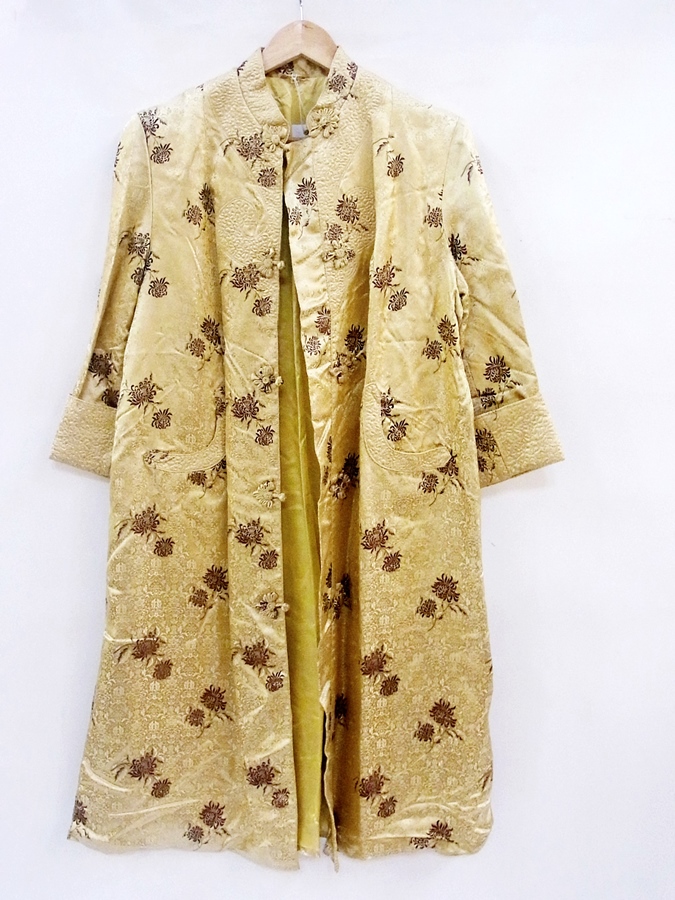 A Chinese style coat, gold ground, a Chinese style gentleman's dressing gown with black collar and - Image 2 of 4