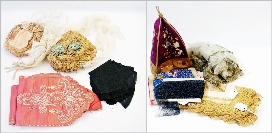 Two embroidered 19th century bonnets, velvet and lace, pieces of embroidery, gloves, some beaded