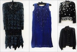 A 1980's Frank Usher evening dress, with drop waist, blouson top, heavily embroidered, a blue