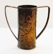 Arts & Crafts two-handled copper vase, cylindrical, decorated with fish in weeds, with strap