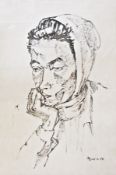 Ink drawing 
Mid 20th century 
Portrait of woman wearing headscarf resting her head on her hand,