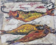 Oil on canvas
B Keay  
Fish with hooks in their mouths laid on cloth, bearing name and dated 1958 on