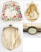 A silk evening bag embroidered with flowers, a velvet evening bag with bakelite frame and another