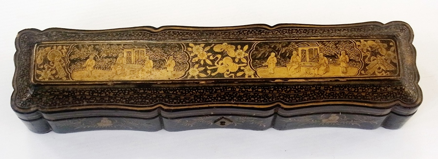 A Chinese ivory brise fan, relief carved guard sticks, in gilt lacquered box - Image 5 of 5