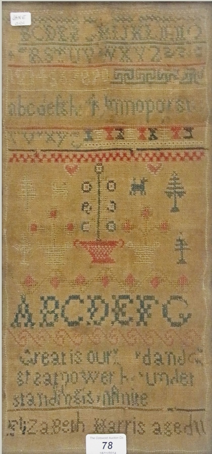 An alphabet sampler by Elizabeth Harris aged 11, 45cm x 20cm