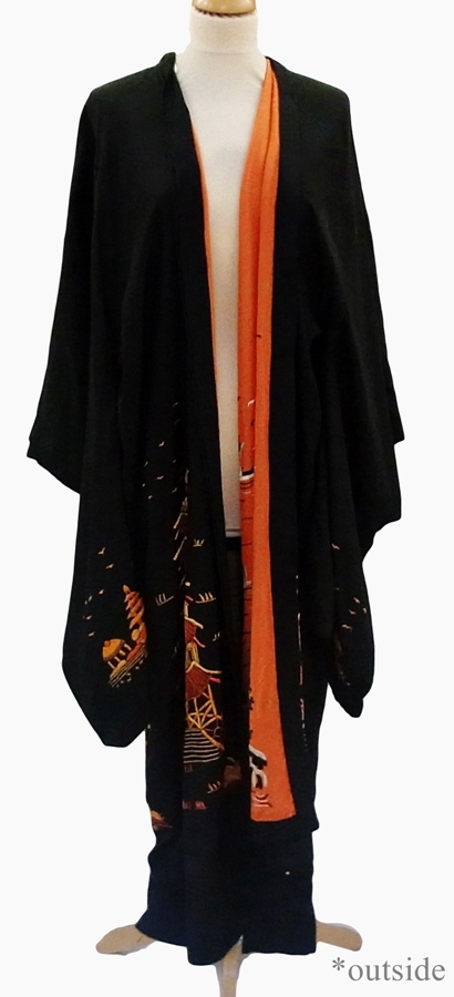 A Japanese embroidered silk kimono, reversible from orange to black, embroidered with pagoda, - Image 2 of 3