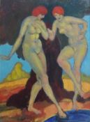 Oil on board 
Attr. Derwent Lees 
Two nude females standing beneath a tree dipping their toes in a