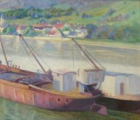 Oil on board
Early 20th century school
French river scene with barges in the foreground, signed