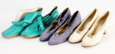 A pair of Lotus blue silk shoes with straps, a pair of silk evening shoes with small metal buckles