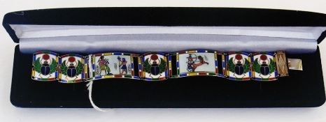 Egyptian silver-coloured metal and enamel bracelet decorated with scarab beetles and Egyptian scenes