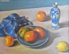 Oil on board
Arnold Auerbach (1898-1978)
Still life of fruit with blue and white checked cloth and