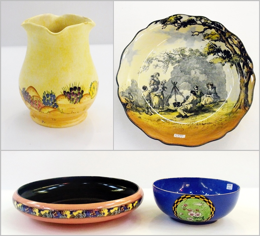 A Royal Doulton seriesware shallow bowl "The Gypsies", 23.5cm diameter, Radford studio pottery vase,