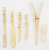 Bone bobbins, glove stretcher and other bone items (6)