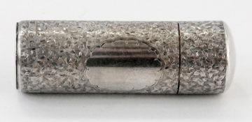 A 20th century silver scent bottle, cylindrical, relief engraved, hinged lid enclosing glass