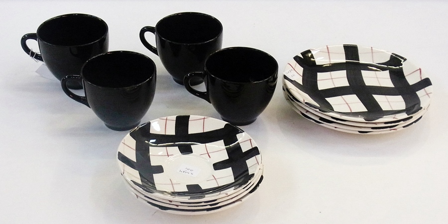 A Empress pottery 1950's-style set of four black glazed teacups with matching trellis-patterned - Image 2 of 3