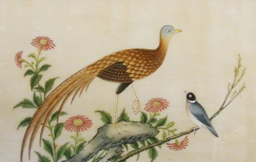 A set of four oriental paintings on silk of birds and blossom, 12cm x 20cm (4)